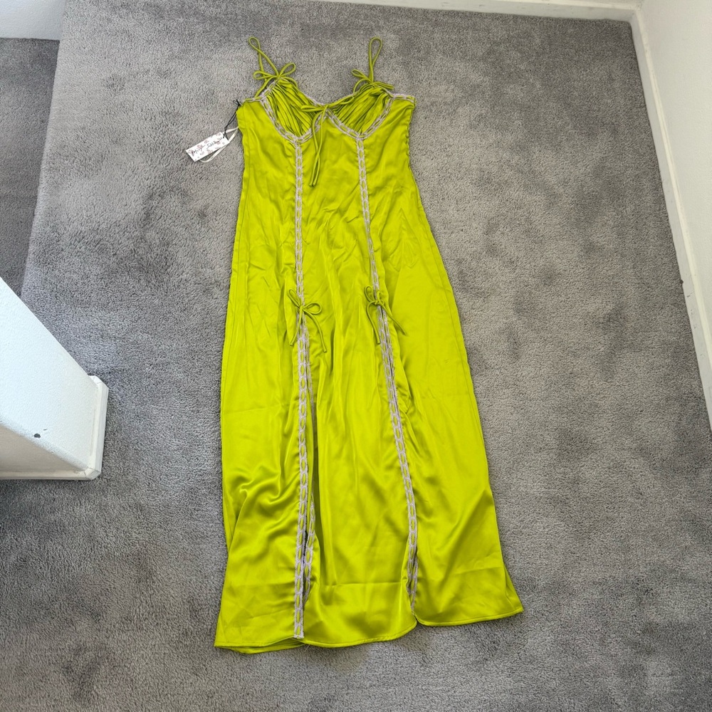 NWT Betsey Johnson satin saten elbise green pink lace maxi dress - Picture 4 of 7